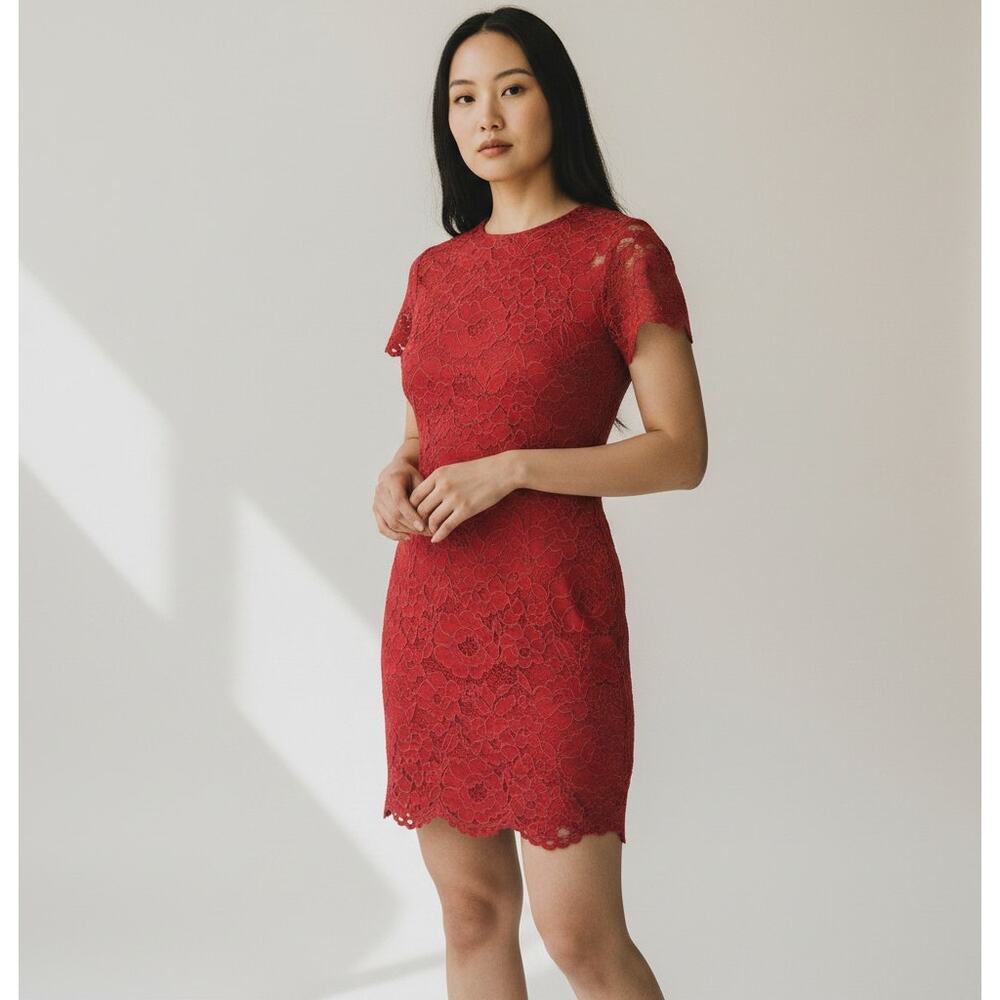 Lauren Ralph Lauren Red Cocktail Dress Floral Lace Preppy Black Label Sz L